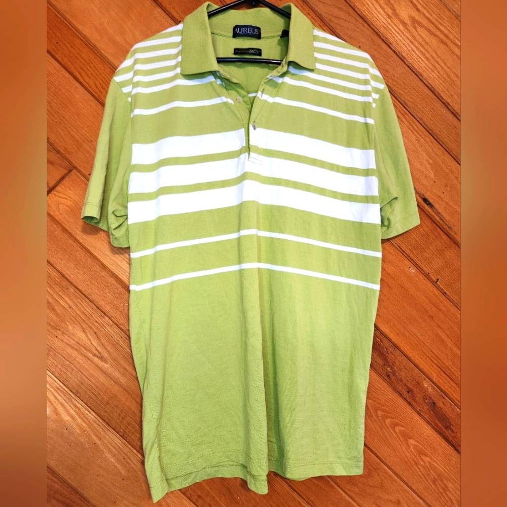 Aureus Bamboo Tech green and white striped polo shirt size large